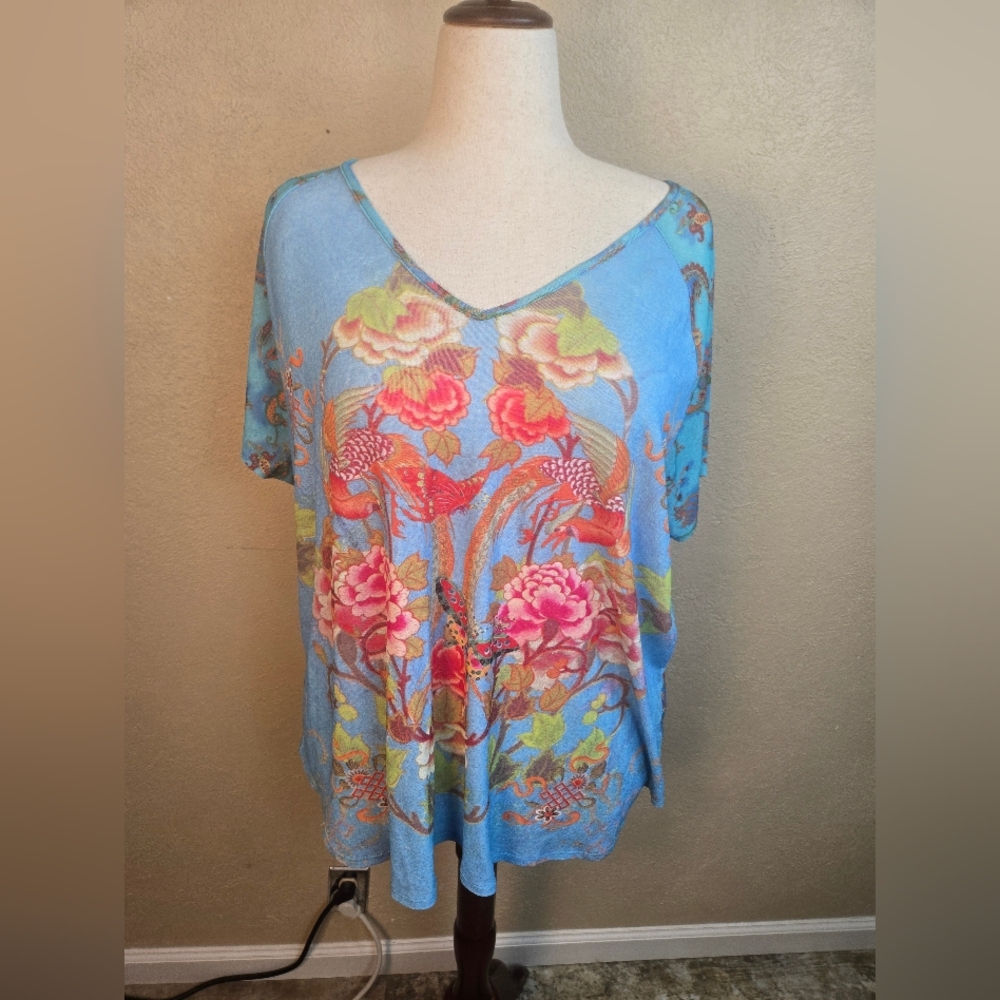 Venezia Light Blue Floral And Bird Vintage Top 26/28 (6336)